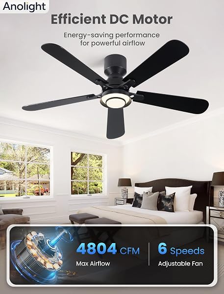 ANOLIGHT 52 INCH CEILING FAN WITH LIGHT, FLUSH MOUNT LOW PROFILE, REMOTE & APP CONTROL, QUIET 6-SPEED REVERSIBLE MOTOR, DIMMABLE LED WITH 3CCT, CEILING FAN FOR BEDROOM, LIVING ROOM, APARTMENT, BLACK