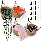 4 Pack Fabric Wall Hanging Baskets, Woven Pouchs with Adhesive Hooks Boho Style Wall Mounted Bag, Storage Decoration Pocket Caddy for Living Room, Bedroom, Kitchen (Linen, 6.5 x 6.5 x 6.7 inches)