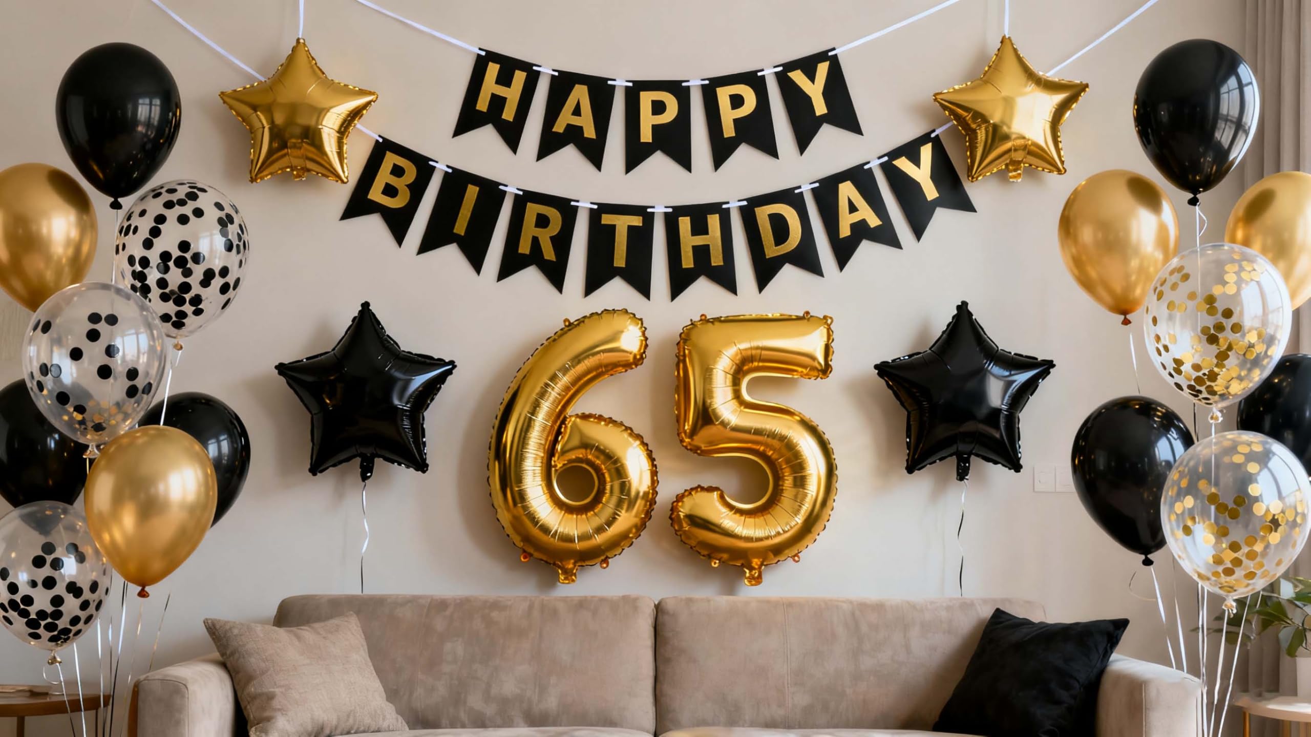 65th Birthday Decorations Black Gold for Men Women, 65th Birthday Banners Number 65 Balloons Star Foil Confetti Balloons for Cheers to 65 Years Old Anniversary Party Decorations