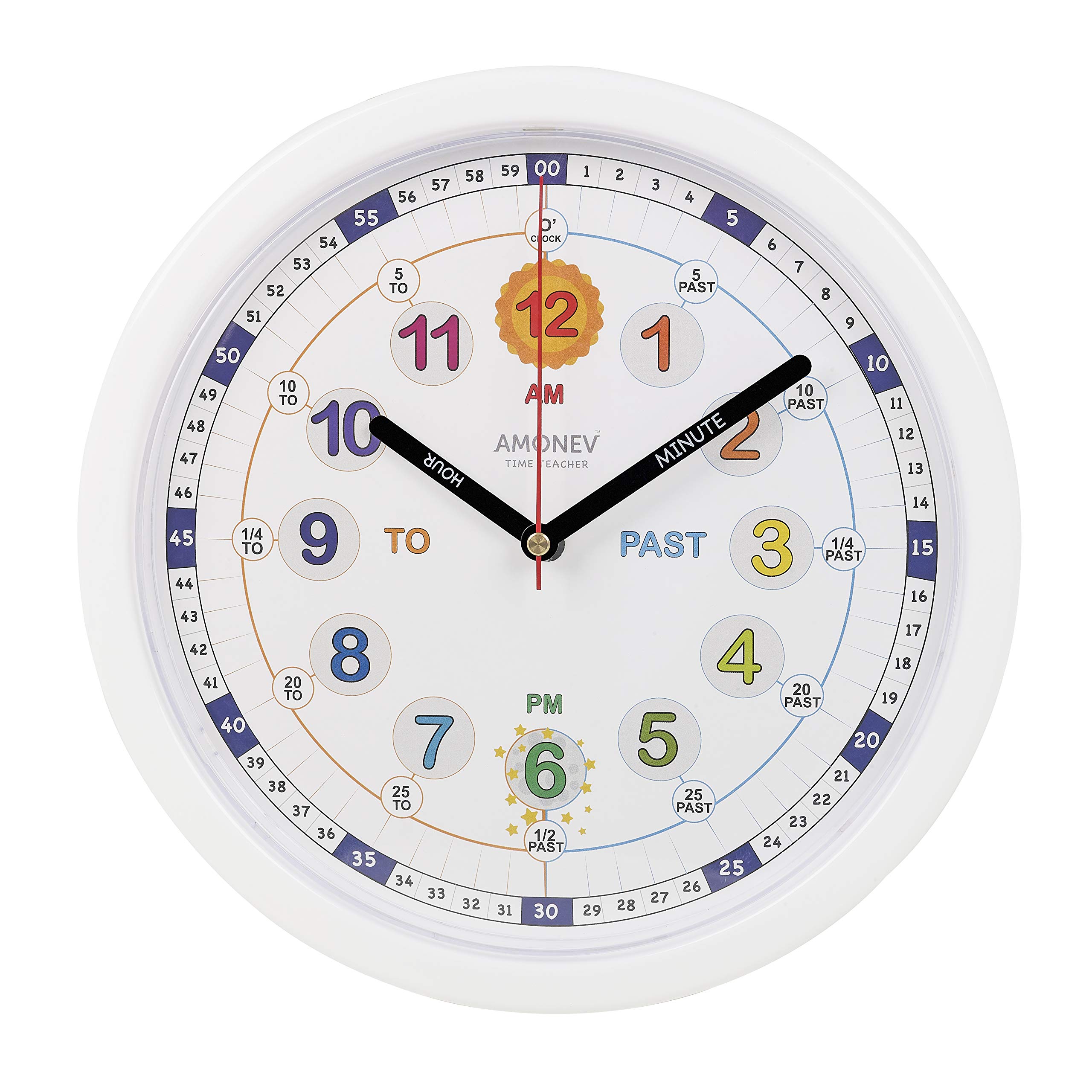 Amonev Time Teacher (V2) Children's Clock - Easy to Read Analogue With Silent Ticking, Teach How to Tell Time - Multicolour