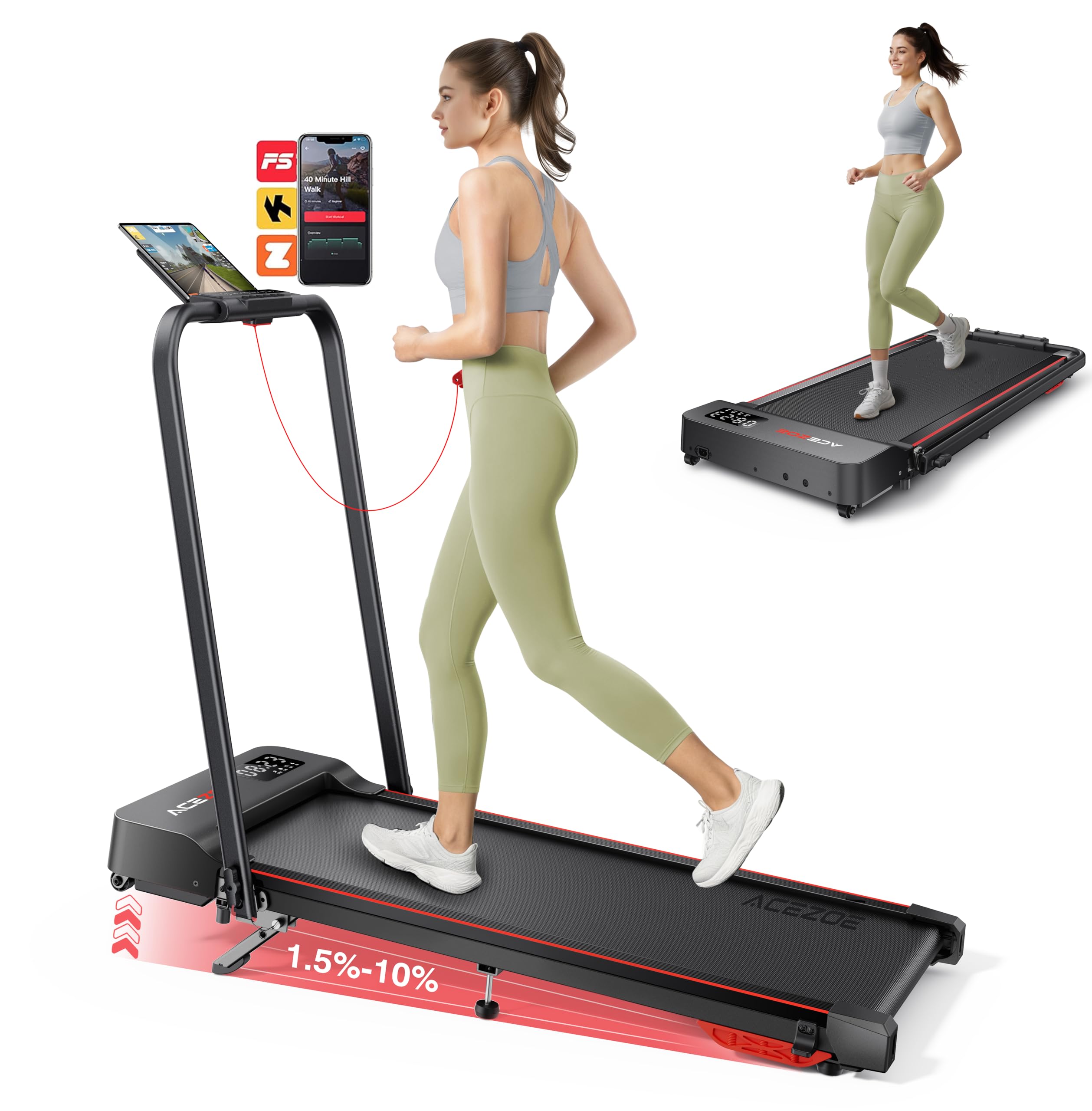Photo 1 of Acezoe 2-in-1 Foldable Treadmill with 3-Level 10% Incline, Walking Pad for Home Small Office, Compact Portable Under Desk Treadmill with Handle,Dual LED Display, APP & Remote, 300 lbs Capacity