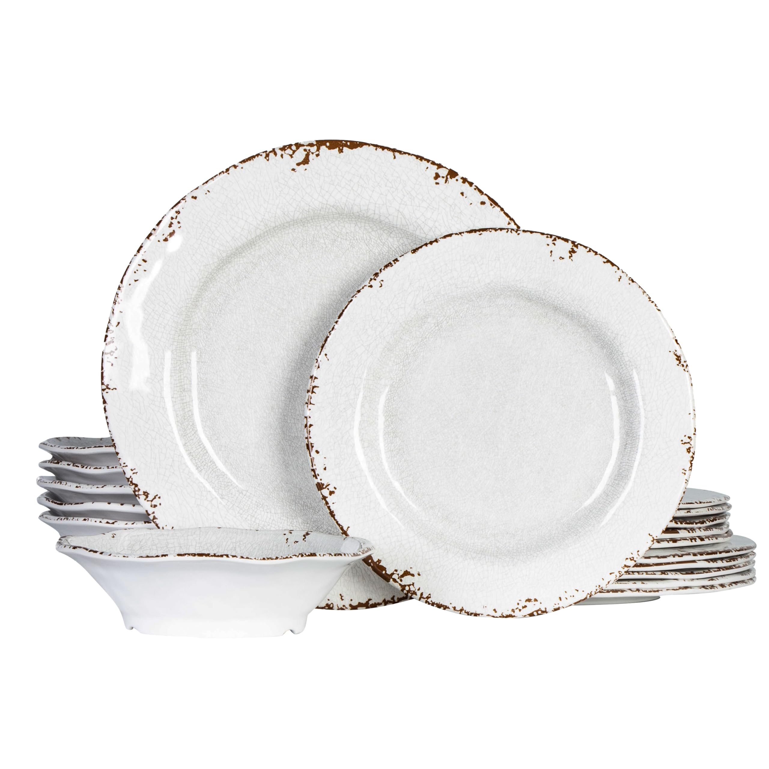 Photo 1 of *MINOR DAMAGE - USED*
ZAROCRUS Vintage Melamine Dinnerware Sets, 18 Piece Lightweight and Unbreakable Outdoor Plates and Bowls Set, RV Dishes Set of 6, Chip Resistant Kitchen Plate Set for Indoor and Outdoor Use, White