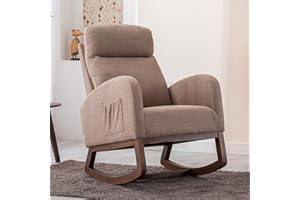 AKRENAR Modern Rocking Chair, Upholstered Nursery Glider Rocker Chair for Baby, Comfy Armchair with Side Pocket, Living Room Lounge Arm Chair, High Backrest with Headrest Shape Design(Camel)