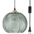 Pobllem Plug in Chandelier Adjustable Height Mid Century Modern Pendant Light 8.66 Inch Green Ribbed Glass Lampshade 14.75 Foot Plug-in Wire Green Glass Fixtures for Kitchen Islands and Restaurants