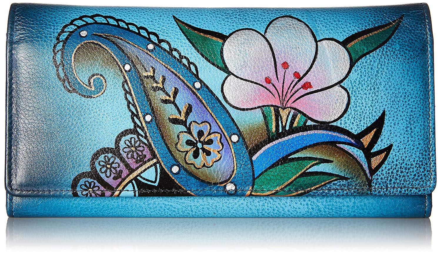 Anna by Anuschka Women's Hand Painted Leather Multi Pocket Wallet, Denim Paisley, One Size