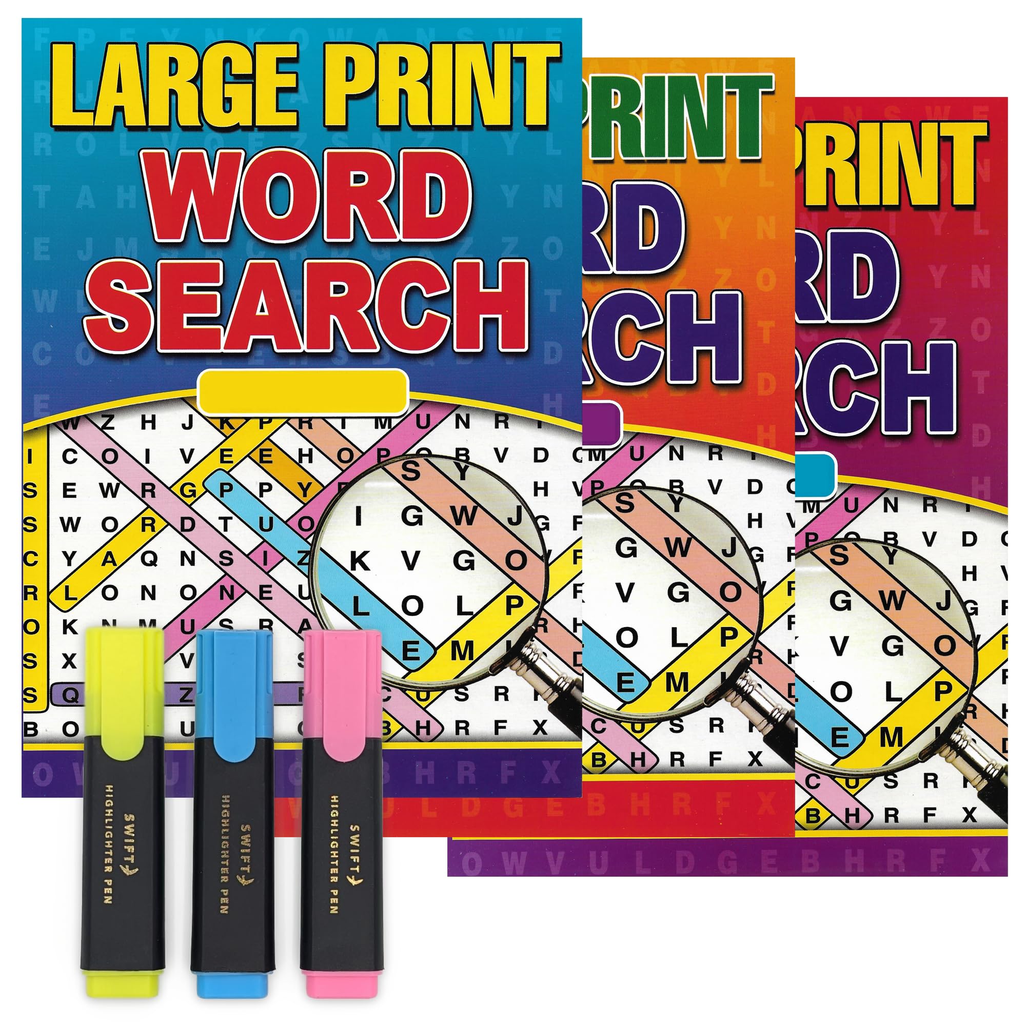 ihoot A4 Large Print Word Search Books for Adults and Highlighters Bundle | 3x Wordsearch Puzzle Books for Adults with 3x Highlighter Pens | Adult Activity Book, Brain Teasers - 70+ Puzzles Per Book