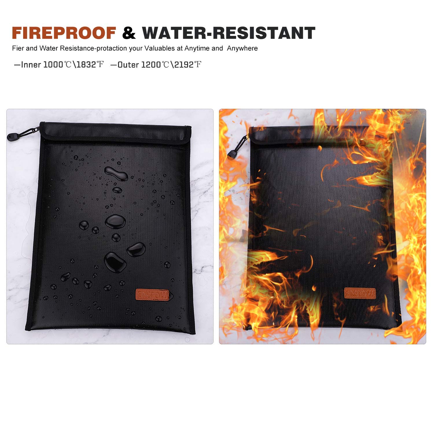 Fireproof Bag (11x15inch) ENGPOW Non-Itchy Silicone Coated Fire Resistant Money Bag Fireproof Safe Storage for Money,Documents,Laptop,Jewelry and Passport (Black)
