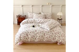 EAVD Garden Style Pink Floral Duvet Cover Twin White Soft 100% Cotton Girls Cute Floral Bedding Set with 2 Pillowcases Chic Shabby Pink Floral Twin Duvet Cover with Zipper Closure