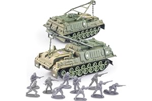 MaozyHomie Army Tank and Army Men Toys Playset, 2pc 1:72 US Tank-4 Models & 10pc Toy Soldiers, Olive Drab Green WW2 Military Vehicle for Boys