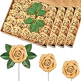 Luinabio 100 Pieces Artificial Foam Rose Flowers Faux Bouquet with Leaves and Stems for DIY Wedding Bouquets Centerpieces Bridal Shower Party Valentine Home Decorations(Gold)