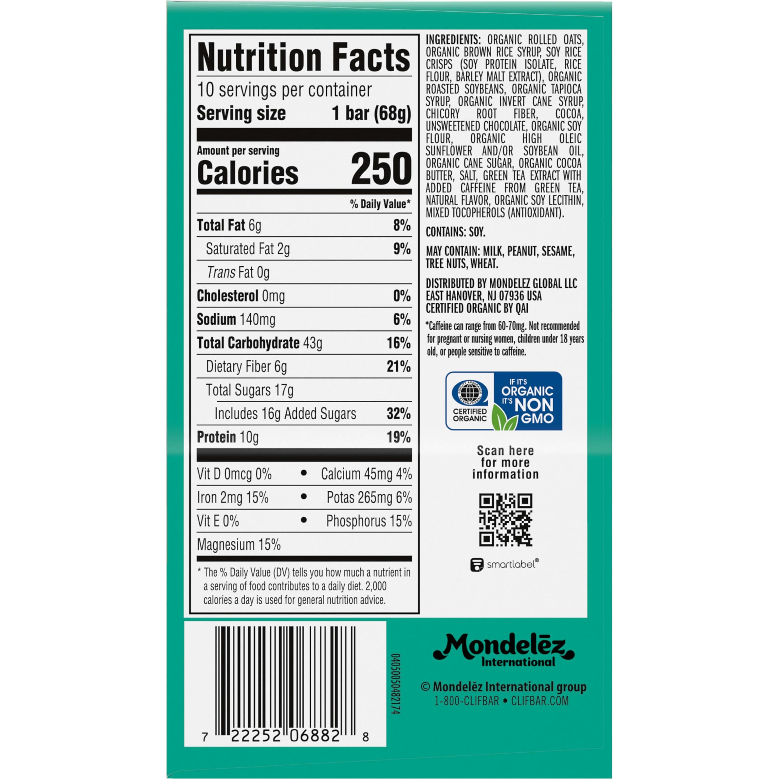 CLIF BAR - Energy Protein Bars - Cool Mint Chocolate with Caffeine - Made with Organic Oats - Energy Bars - Non-GMO - (10 Pack)