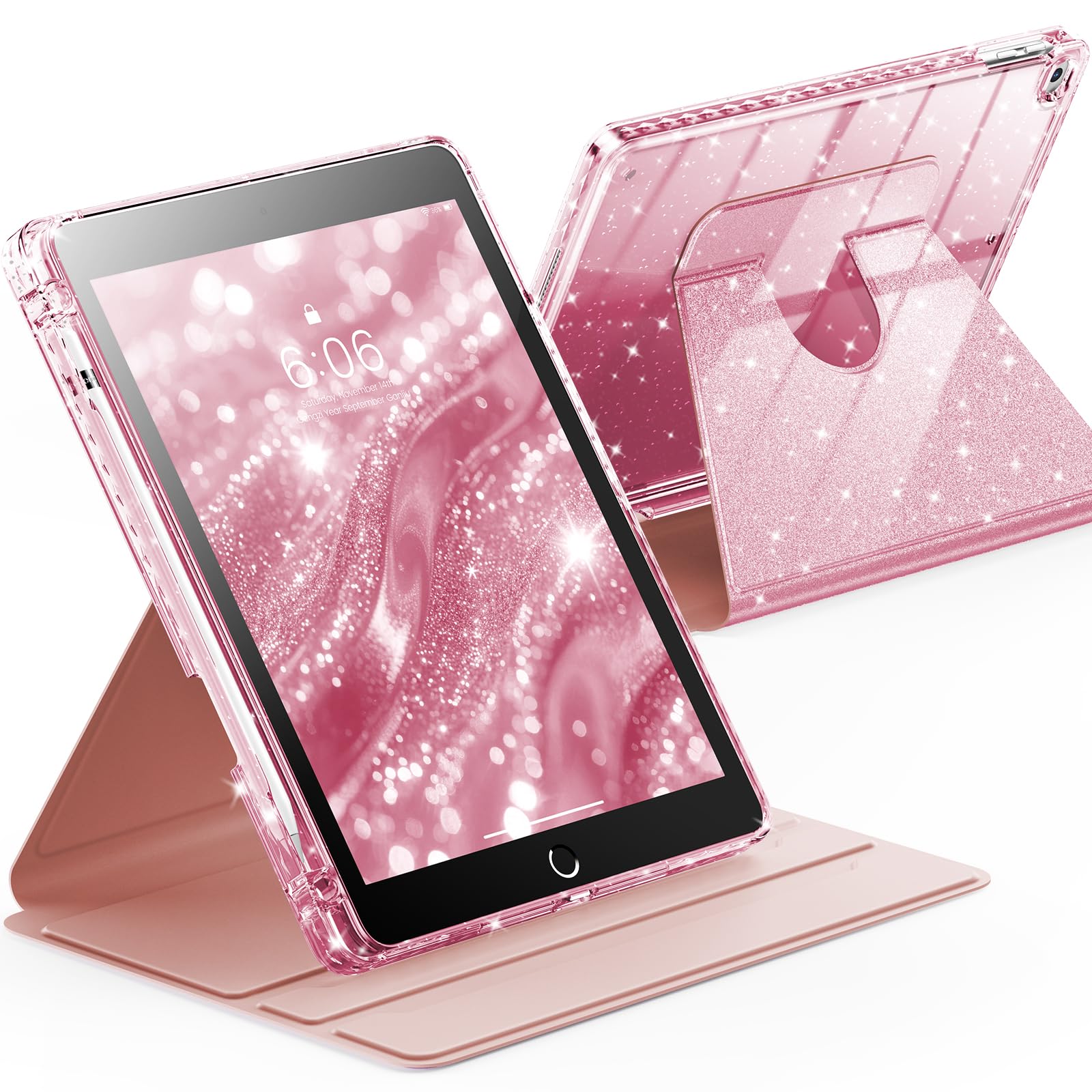 Photo 1 of INFILAND Rotating Case for iPad 6th / 5th Generation (2018/2017) iPad 9.7 Inch Case, iPad Air 2 / iPad Air 1, 360 Rotating Cute Glitter Cover with Clear Back, Pencil Holder (Pink)