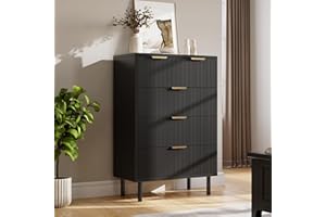 Garvee Wave Fluted Nightstand with 5 Drawers, 38 Inch Tall Wood Chest with Metal Legs for Bedroom, Entryway, Small Spaces, Bl