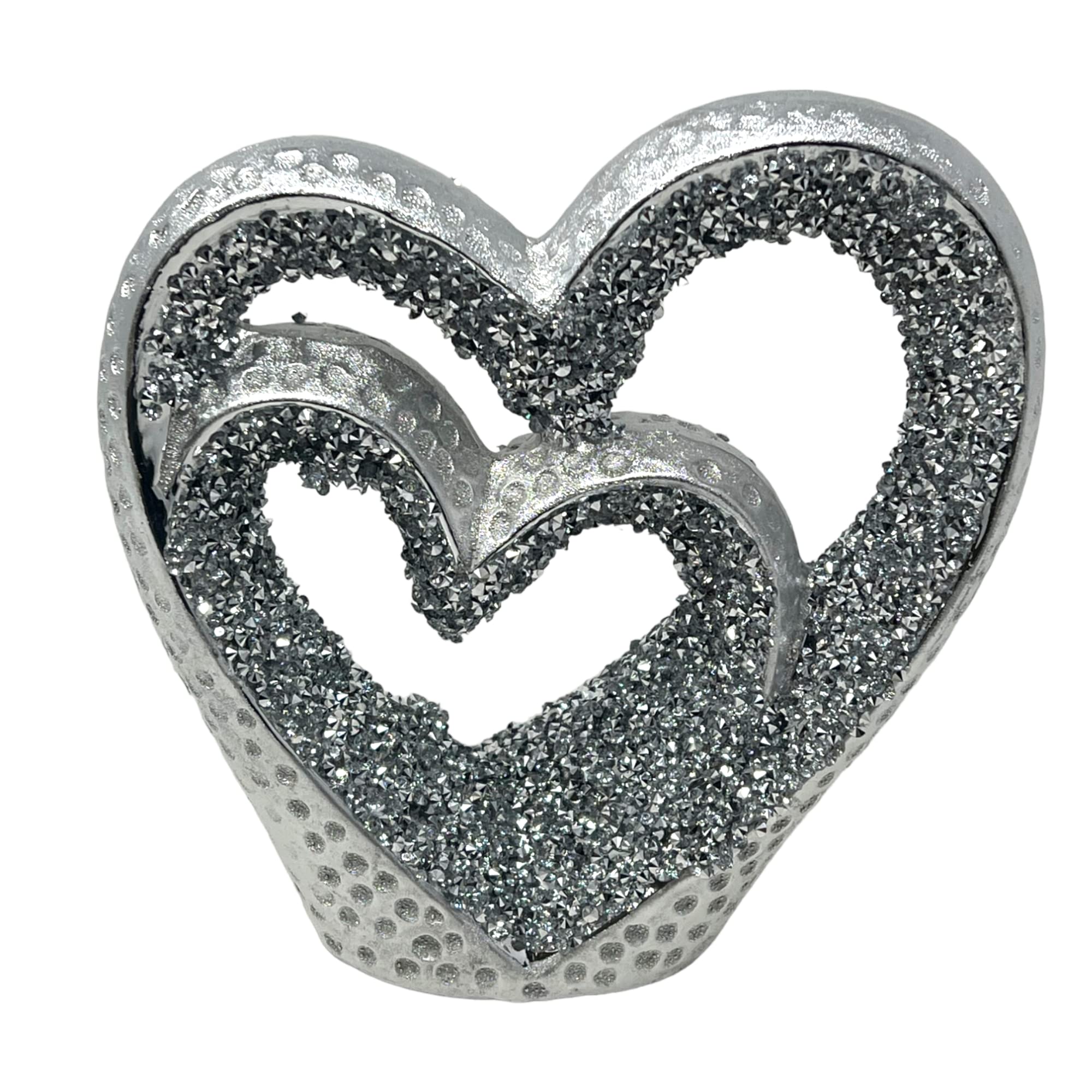 Sparkle Ornament Bling Silver Crushed Diamond Double Hearts - Handmade Craft Ornaments for Glamorous Home Decor and Romantic Gifts