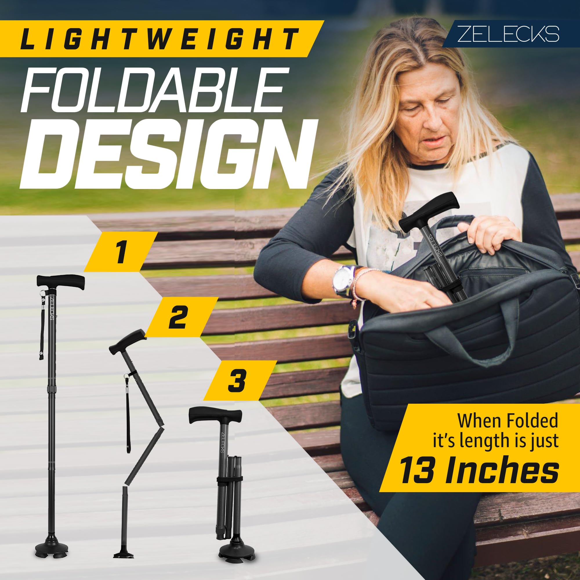 Walking Cane for Women & Men - Self Standing Adjustable Folding Cane with T Handle and 360 Pivot Base - Lightweight Foldable Walking Stick for Seniors - Collapsible Cane for Walking