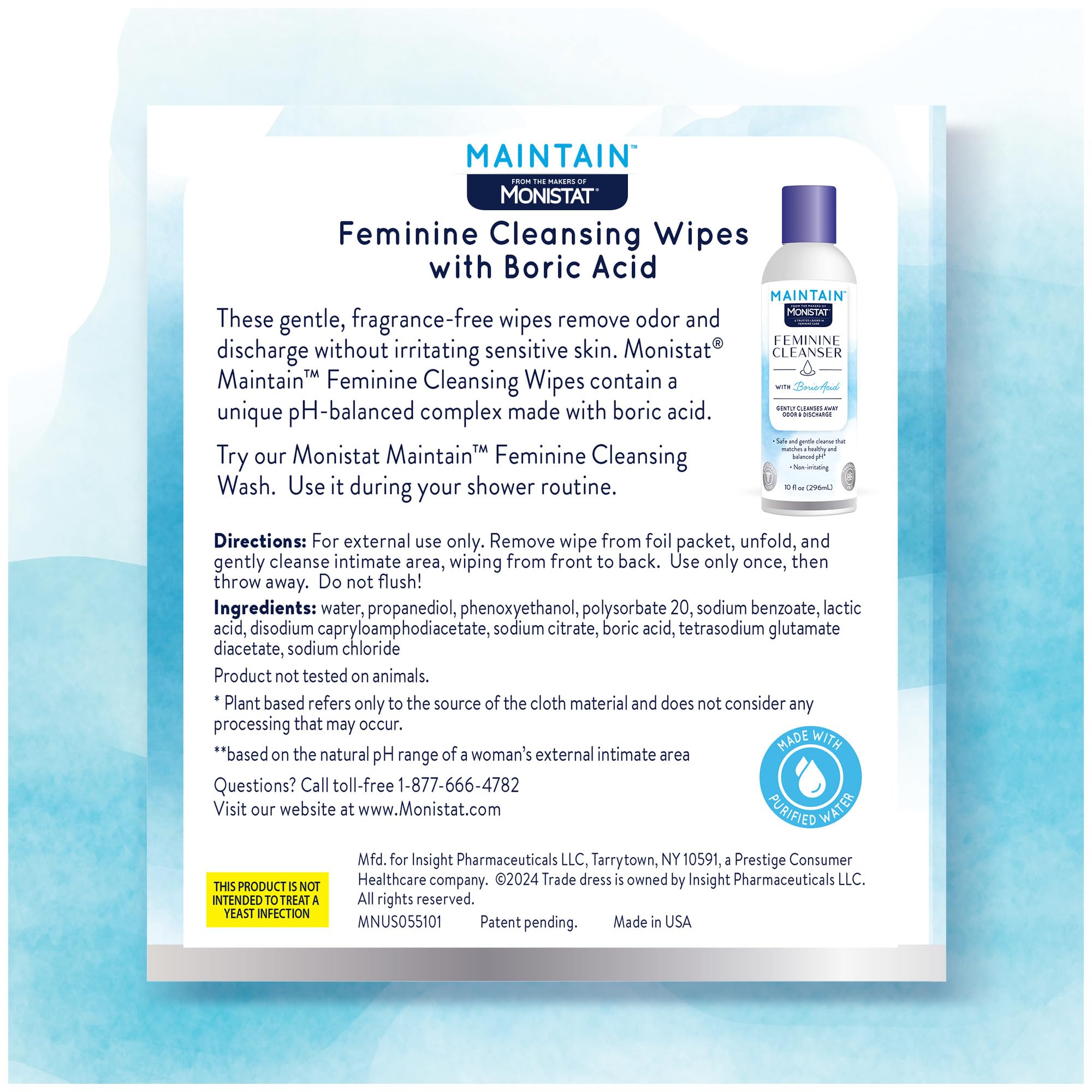 Monistat Maintain Feminine Wipes with Boric Acid for Feminine Care, Fragrance Free, 12 Ct