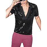 WDIRARA Men's Contrast Sequin Deep V Neck Top Short Sleeve Solid Party Tee Shirt