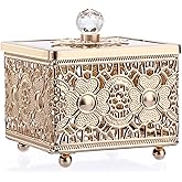 Hipiwe Hollow-carved Metal Jewelry Box with Glass Lid, Gold Mirrored Trinket Organizer Square Treasure Box for Ring Earrings Necklace, Christmas Birthday Gift for Women