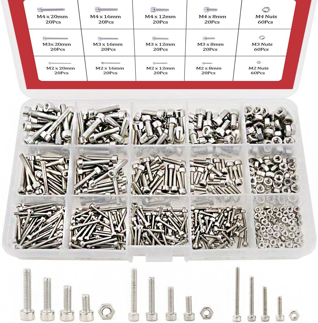 Hilitchi 510-Piece M2 M3 M4 Stainless Steel Hex Socket Head Cap Screws Nuts Assortment Kit with Box - 304 Stainless Steel