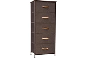 Crestlive Products Vertical Dresser Storage Tower - Sturdy Steel Frame, Wood Top, Easy Pull Fabric Bins, Wood Handles - Organizer Unit for Bedroom, Hallway, Entryway, Closets - 5 Drawers (Brown)