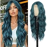 Angzon Dark Green Wig 26 Inch Long Wavy Wig for Women - Heat Resistant Synthetic Hair Middle Part Curly Wig Natural Look for Daily Party Cosplay Costume Use