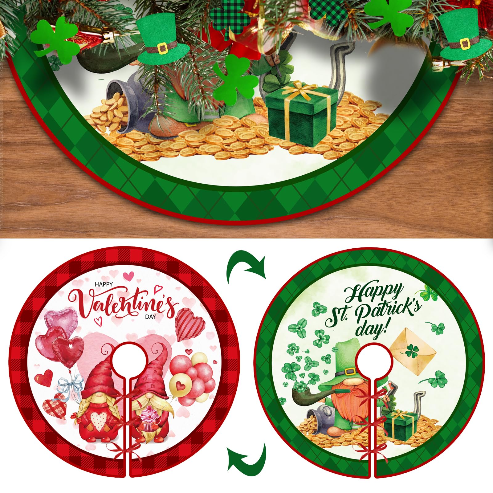 Photo 1 of 36 Inch Valentine's Day Tree Skirt Reversible St. Patrick's Day Decorations Double Sided Print Hearts Shamrock Mat for Home Holiday Party Decoration