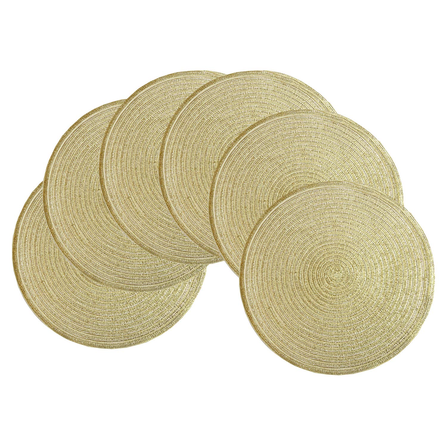 SHACOS Round Braided Placemats Set of 6 Bling Placemats Table Mats for Holiday Party Wedding Glitter Place Mats (6, Gold)