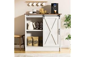 CROWNFURN White Farmhouse Coffee Bar Cabinet with Storage, Sliding Barn Door, Suitable for Kitchen, Dining Room and Living Room