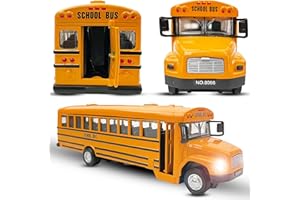 LIBERTY IMPORTS Diecast Yellow School Bus Model Toy, 8" Pullback Die Cast Model Vehicle for Kids with Rubber Tires, Opening Doors, Lights and Sounds