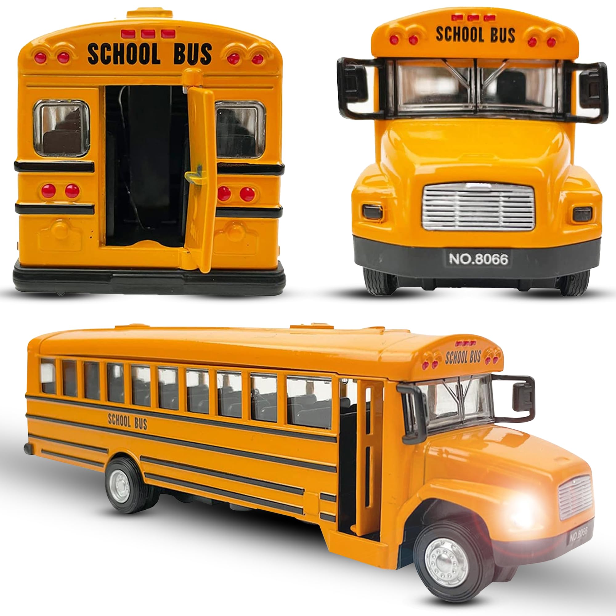 Photo 1 of Diecast Yellow School Bus Model Toy, 8" Pullback Die Cast Model Vehicle for Kids with Rubber Tires, Opening Doors, Lights and Sounds