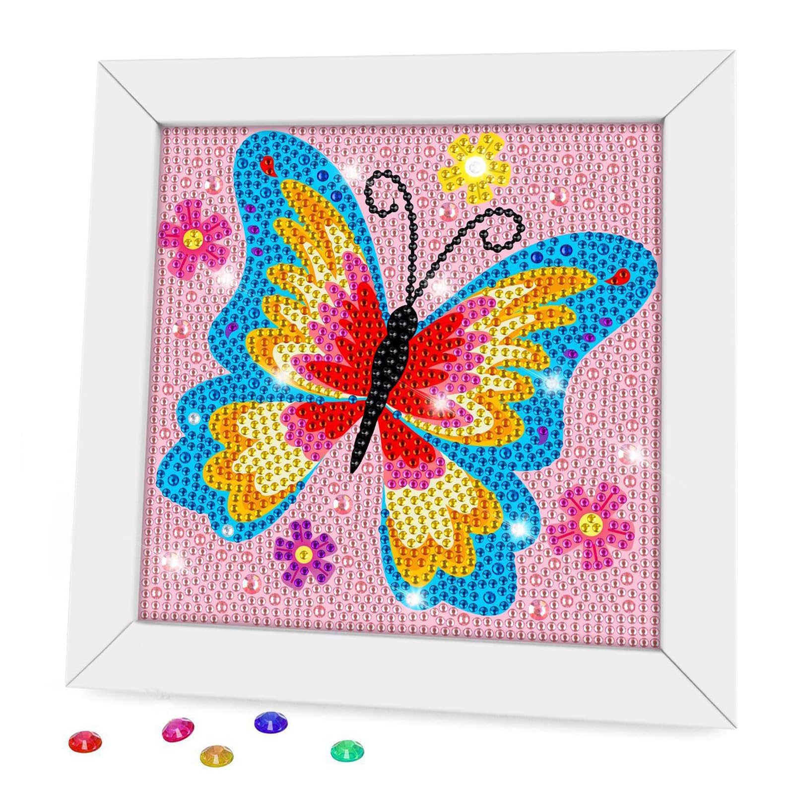 Kinwodon Butterfly Diamond Art for Kids, 5D Diamond Painting Art Kits with Frame, Full Drill Diamond Art Butterfly Crystal Rhinestone Art Craft for Kids Office Home Wall Decoration 15x15 CM