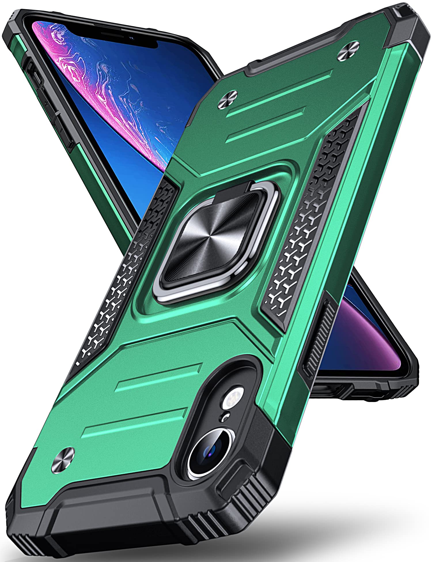 DASFOND Designed for iPhone XR Case, Military Grade Shockproof Protective Phone Case Cover with Enhanced Metal Ring Kickstand [Support Magnet Mount] for iPhone XR, Dark Green
