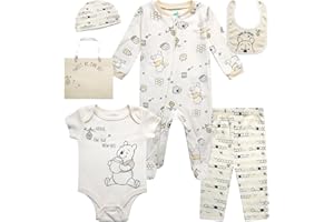 Disney Newborn Baby Girl Boy Clothes - 7 Piece Mickey Mouse Winnie the Pooh Bib Onesie Overall Beanie Pants Gift Bag Gift Set