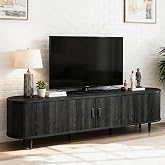 OneBlis 70" Mid Century Modern TV Stand, Wood TV Consoles with Sliding Doors and Power Outlet, Fluted Entertainment Center with Adjustable Shelves, Media Console for Living Room, Black