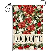 ZAEW Welcome Garden Flag Christmas Bells Poinsettia Pine Trees Xmas Winter Yard Flag 12x18 Inch Double Sided Small Mini Yard Outdoor Outside Holiday Party Decoration