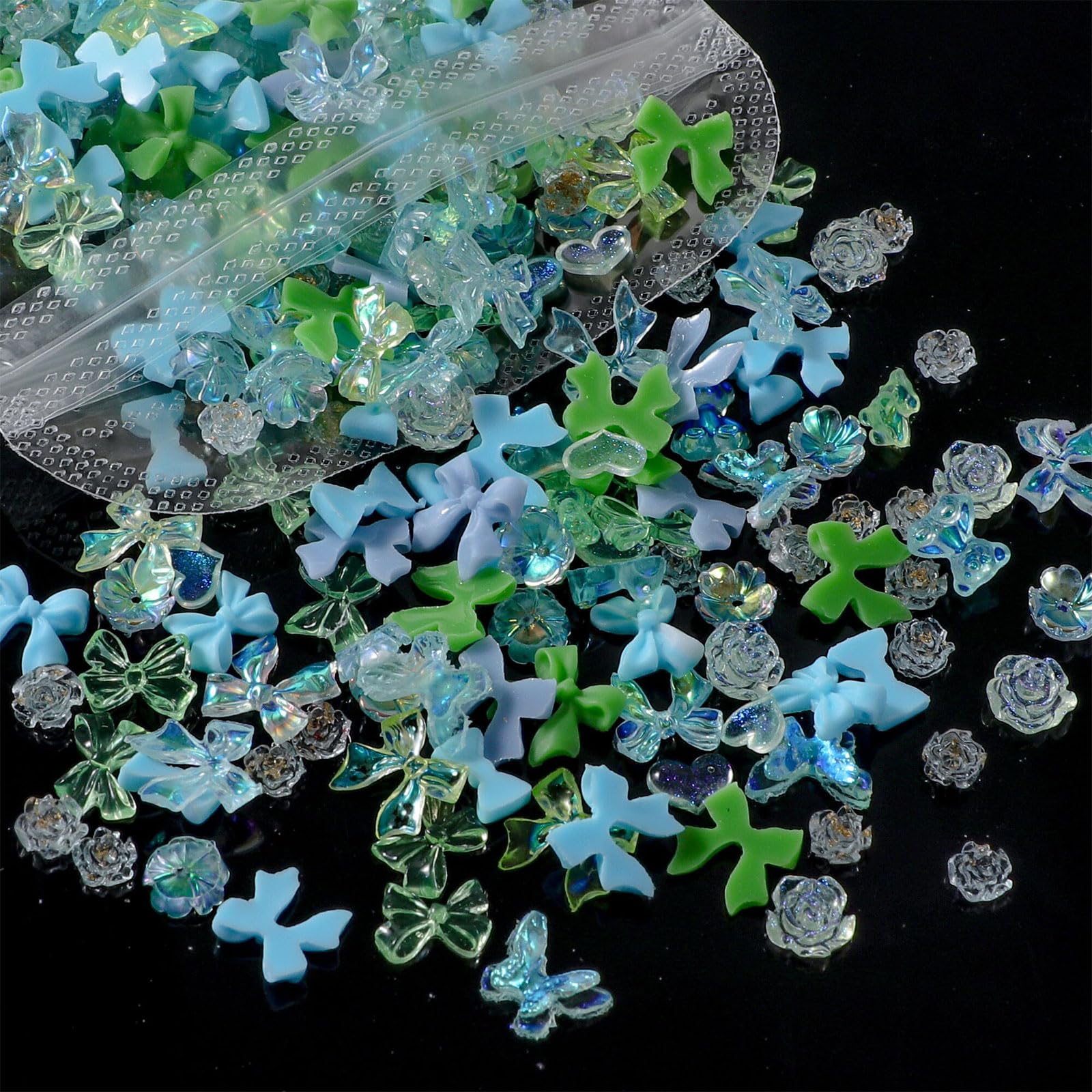 3D Nail Charms, 400 Pcs Multi Shapes Flower Bow Bear Heart Art Charms Rhinestones Gems Resin Decorations Accessories Jewels for Nail Design DIY Crafts (Blue)
