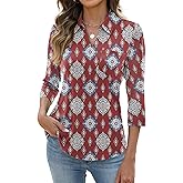 AKEWEI Womens 3/4 Length Sleeve Tops V Neck Casual Basic Tees Work Polo Shirts Collared Summer Top with Front Pocket