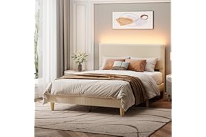 Bestier Full Bed Frame with Adjustable Headboard, LED Lighting, Vertical Channel Tufted Corduroy Upholstered, Solid Wooden Slats Support, No Box Spring Needed, Never Squeaks, Easy Assembly, Beige