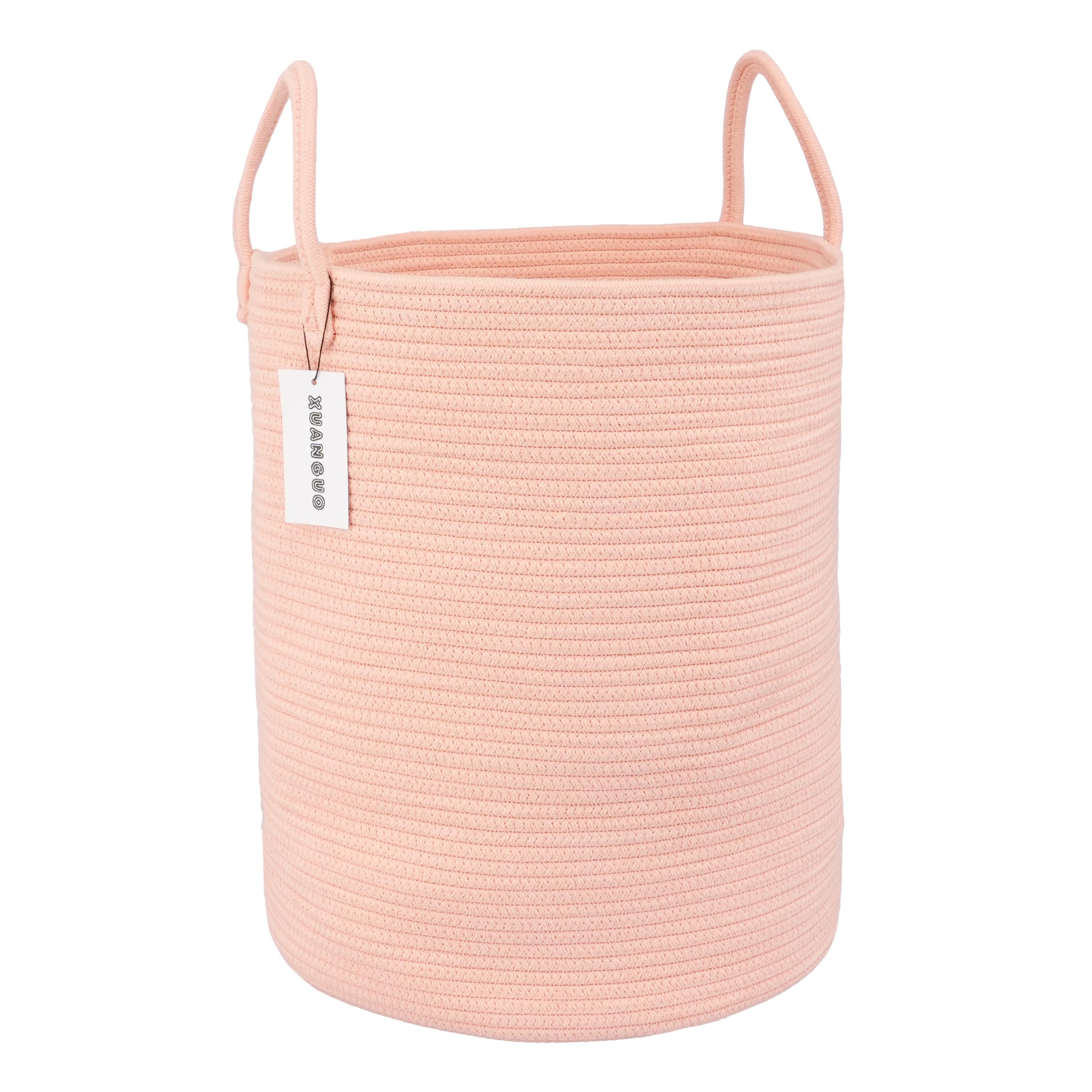 Photo 1 of XUANGUO Cotton Rope Laundry Basket Hamper for Clothes Woven Storage Basket for Living Room Bedroom Boho Tall Rope Baskets for Blanket Toys Pillow Towels Baby Nursery Hamper Bin coral pink