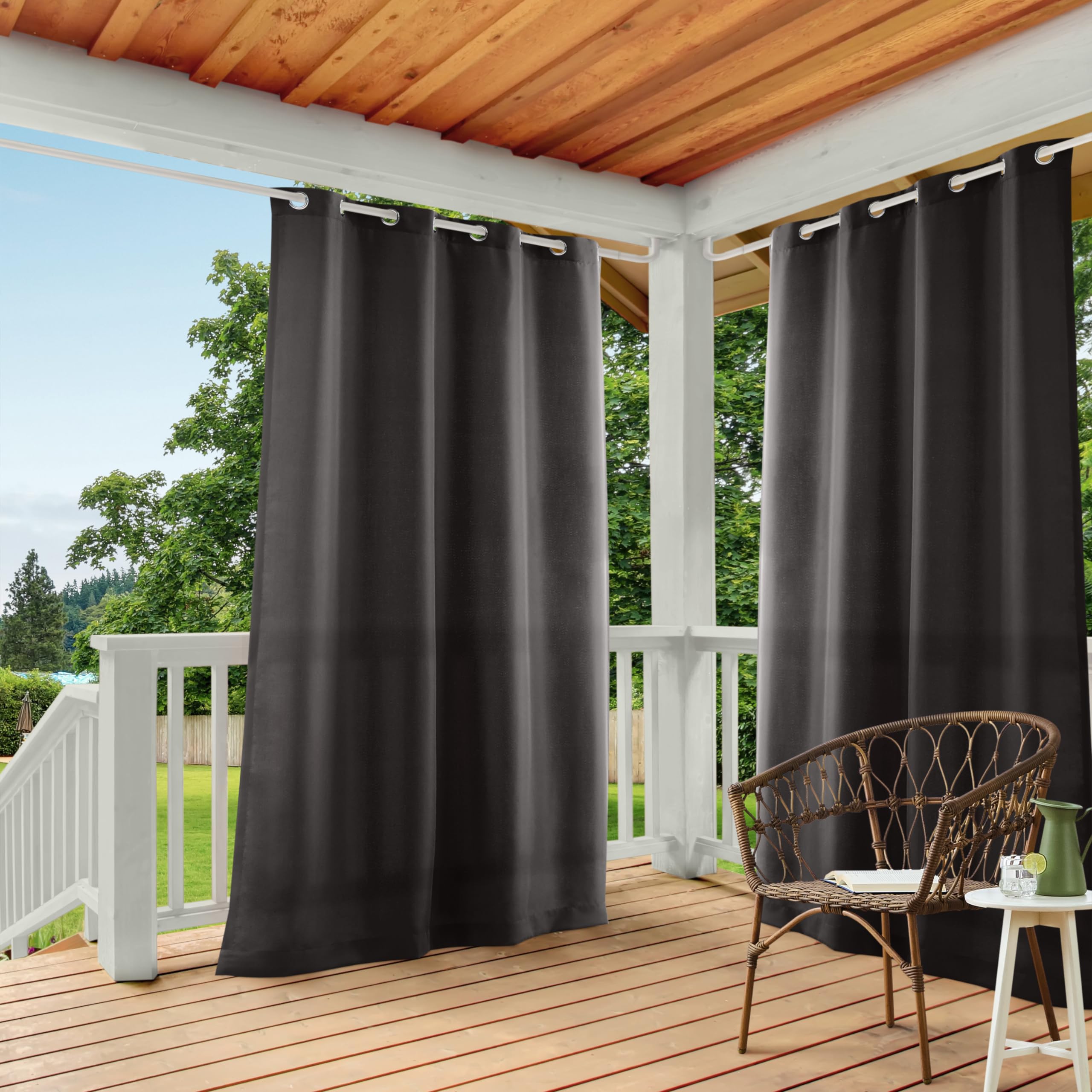 TOWN & COUNTRY BASICS Exclusive Home Cabana Solid IndoorOutdoor Light Filtering Grommet Top Bathroom Privacy Curtain Panel Pair, 54''x120'', Black — image 1