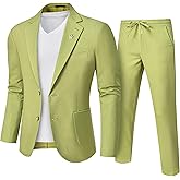 Hihawk Men's Linen Suit 2 Pieces Regular Fit, Two Buttons Lightweight Jacket and Pants for Beach Wedding, Summer Time, Prom