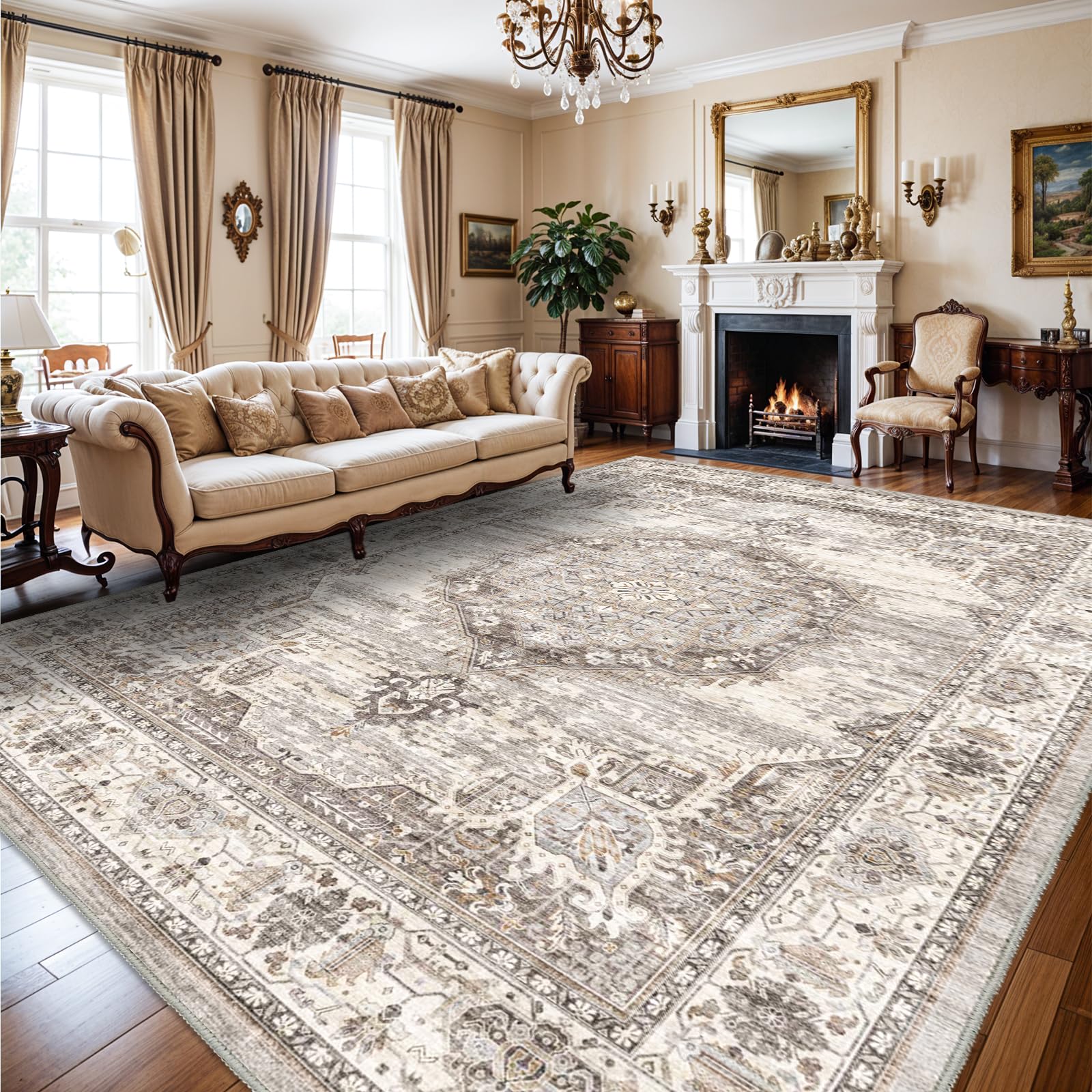 Photo 1 of Area Rugs 10x14 Living Room?Machine Washable Rug - Soft Carpet for Bedroom - Stain Resistant Vintage Distressed Area Rug 10'x14' Beige