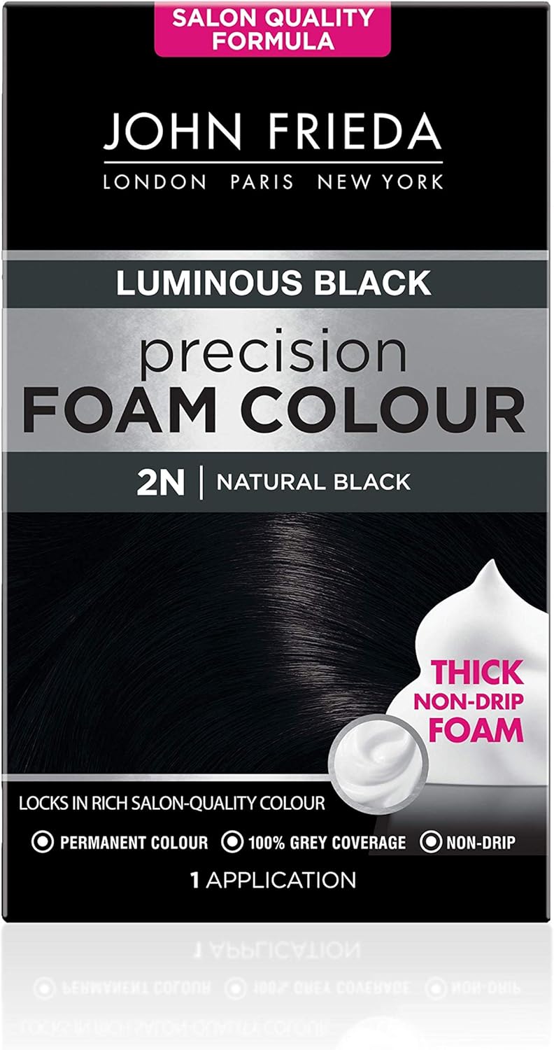 John Frieda Precision Foam Colour 2N, Luminous Natural Black, Salon-Finish Permanent Black Hair Dye, Black Hair Colour