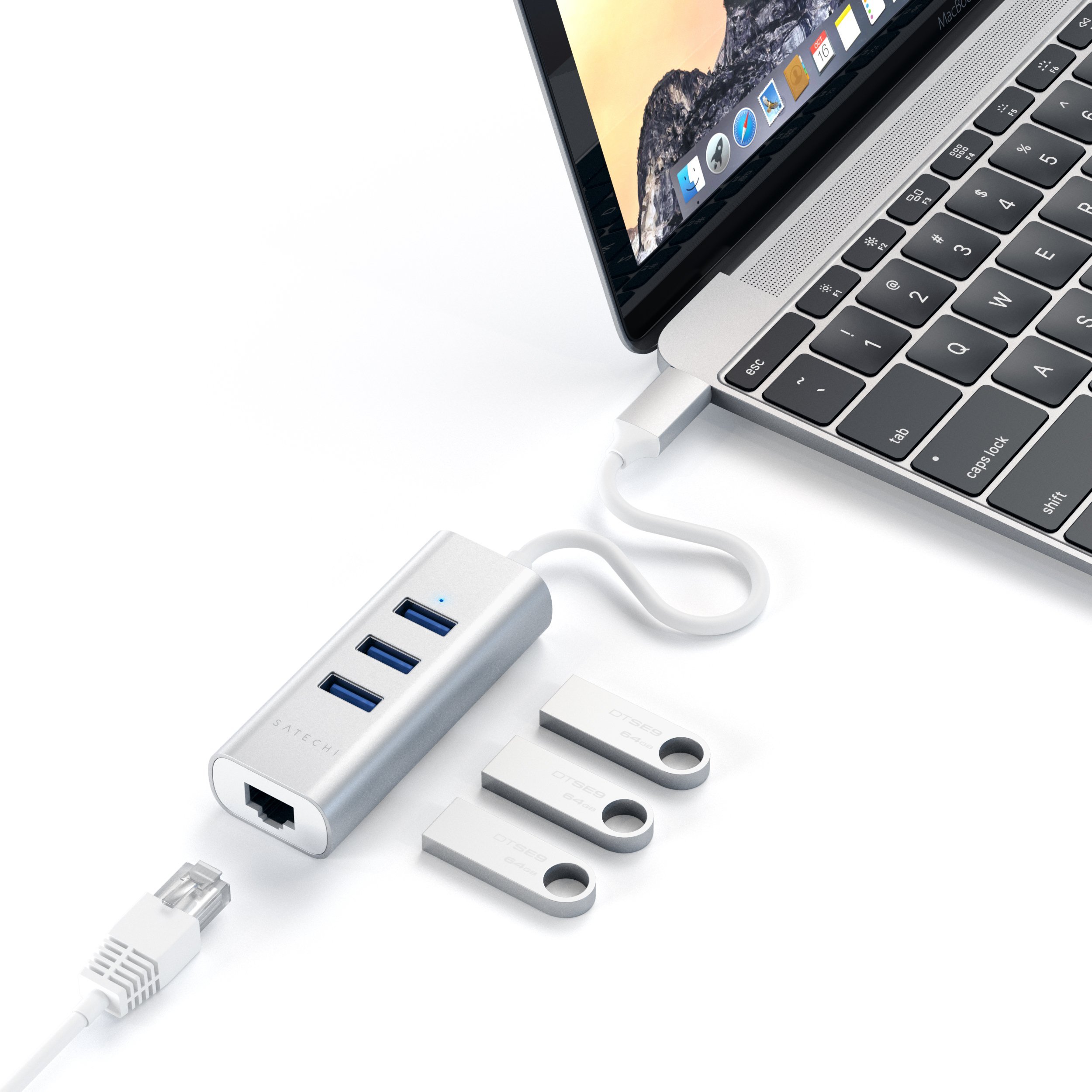 SATECHI USB-C Hub Adaptor with 3x USB-A 3.0 Ports & Ethernet, for MacBook Air & Pro M5 M4 M3 M2, iPad, iPhone 17, 16, 15, Surface, ThinkPad – Silver