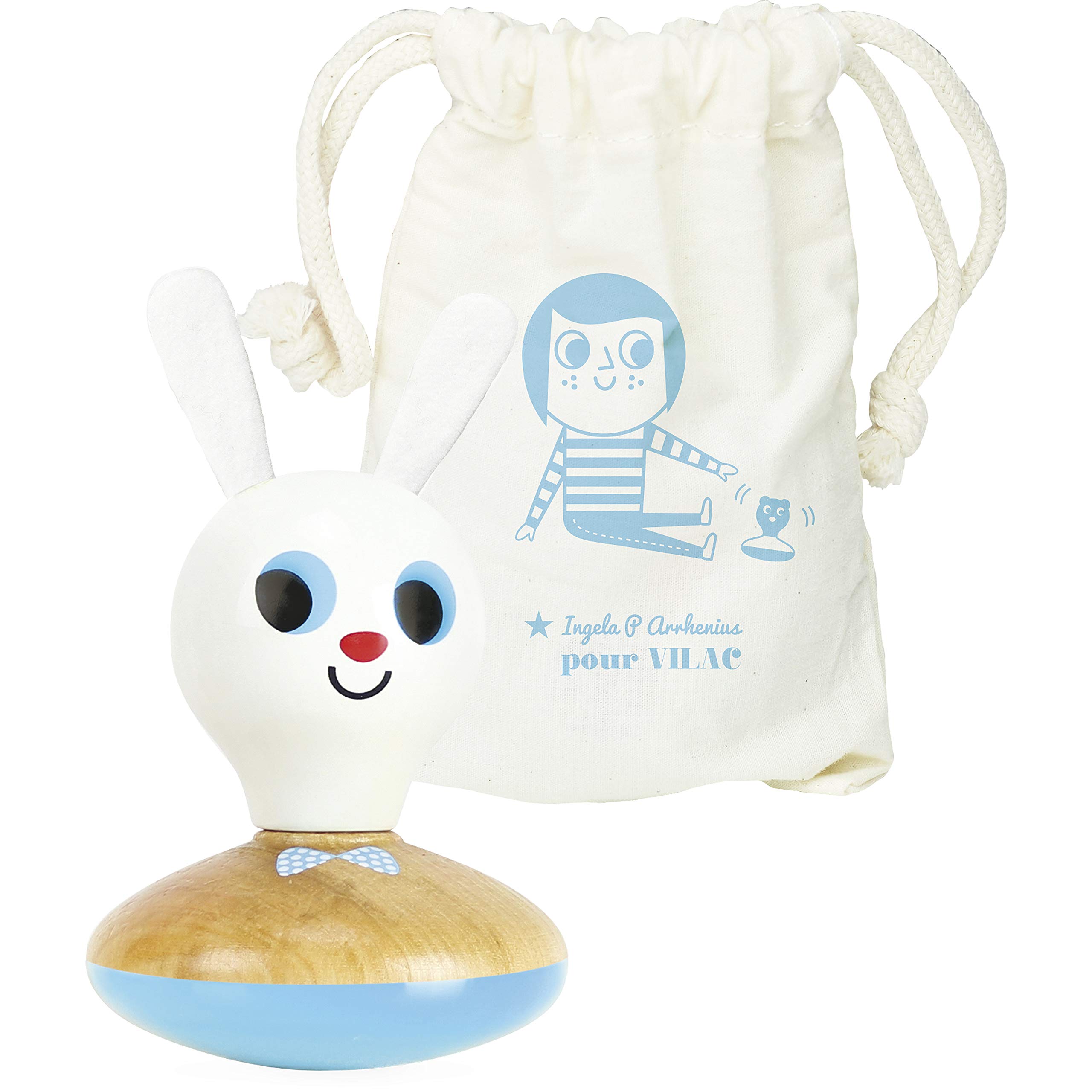 Vilac Rabbit Culbuto, Wooden Wobbler Toy and Rattle, Includes Drawstring Storage Bag, 1 Year+