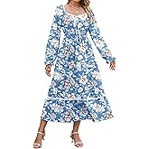 ZAFUL Women's 2025 Long Sleeve Square Neck Fall Boho Floral Midi Dress High Waist Flowy A Line Tiered Wedding Guest Dresses