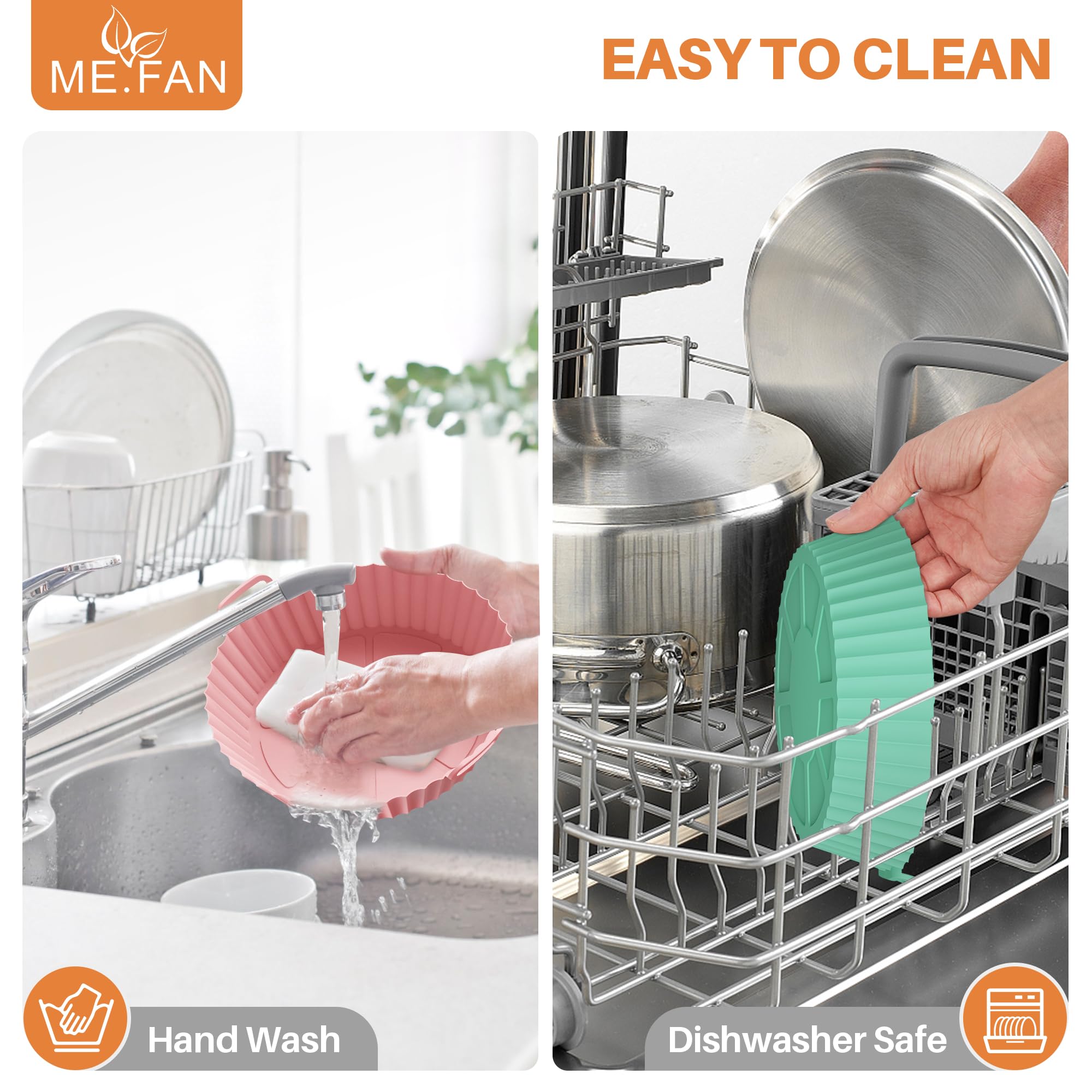 ME.FAN Air Fryer Silicone Liners for 4 to 7 QT [2 Pack] Reusable Air Fryer Basket with Handles & Holes Rose Pink + Light Grey