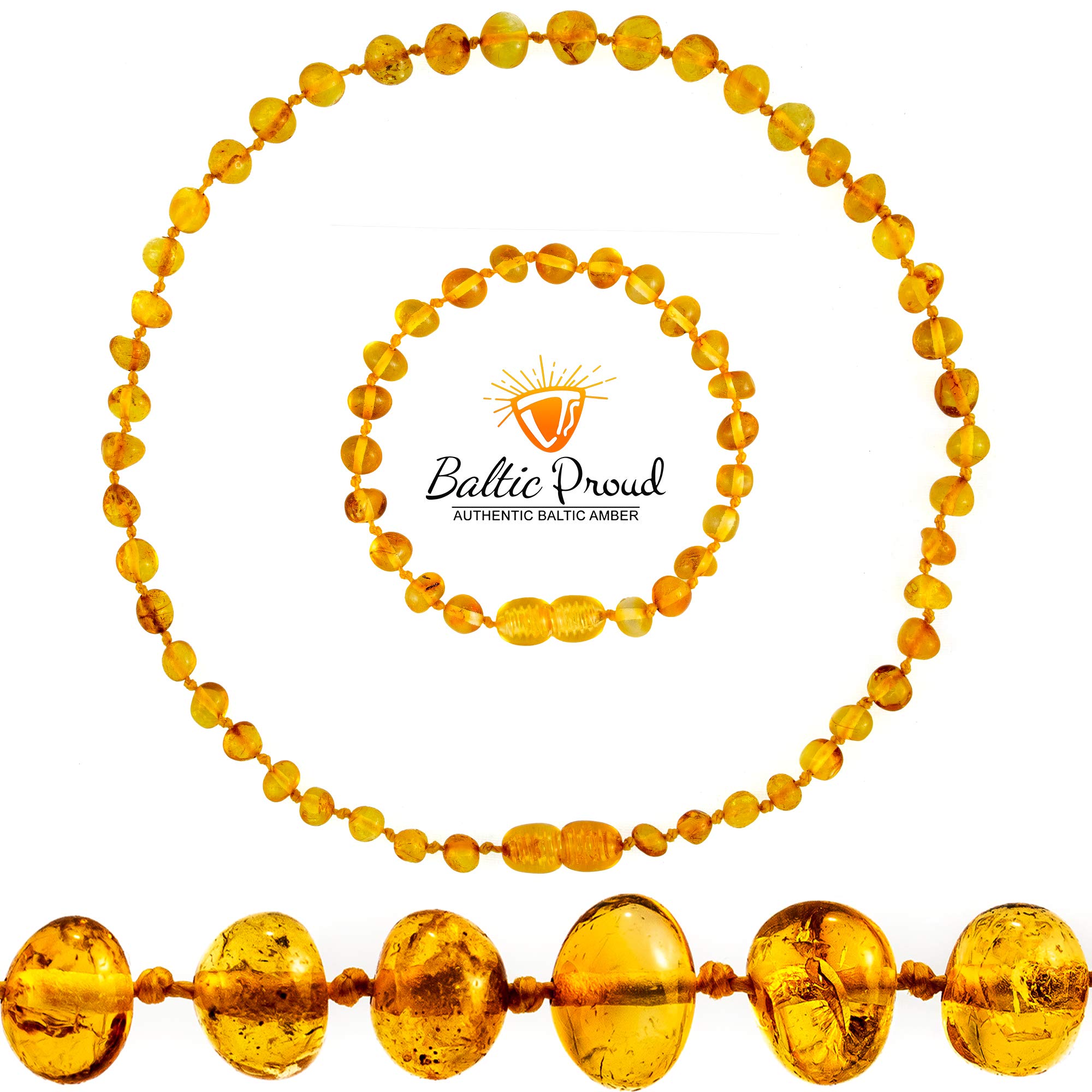 Baltic Amber Necklace and Bracelet Gift Set (Unisex Honey 12.5 Inches/5.5 Inches) - Certified Premium Quality Raw Baltic Sea Amber