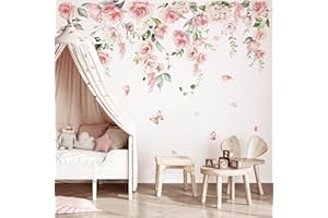 decalmile Large Pink Peony Flower Wall Stickers Rose Hanging Floral Vine Wall Decals Baby Nursery Girls Bedroom Living Room W