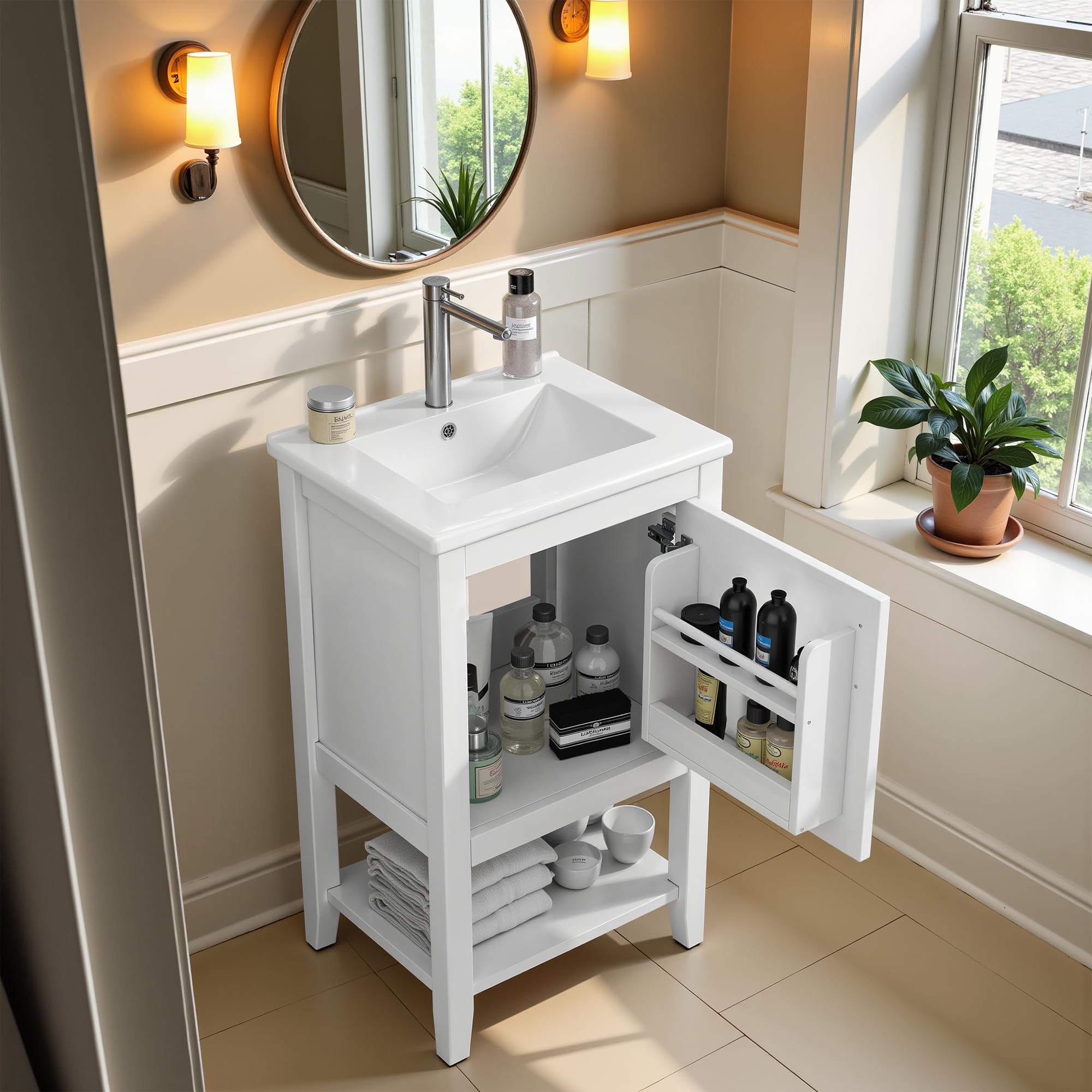 Photo 1 of Lyngins Bathroom Vanity with Sink 20 Inch Bathroom Vanities Small Bathroom Vanity with Sink Cabinet, Modern Free Standing Storage Cabinet, Solid Wood & MDF Material Sink, Open Shelf, White